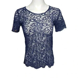 The Kooples Women's Sheer Lace Top Short Sleeve Blue Blouse Size Small